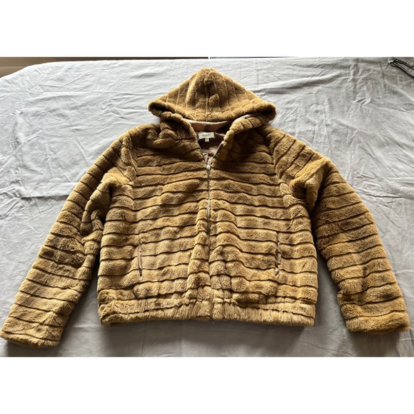 love J Jackets & Blazers - Love J Camel Brown Faux Fur Hooded Jacket Ribbed Tiered Zip Up Coat Women Medium